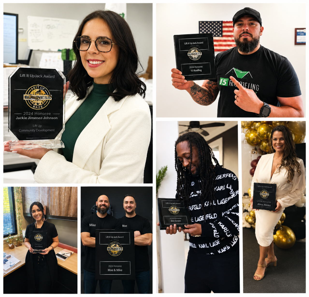 Business owners holding award plaques collage