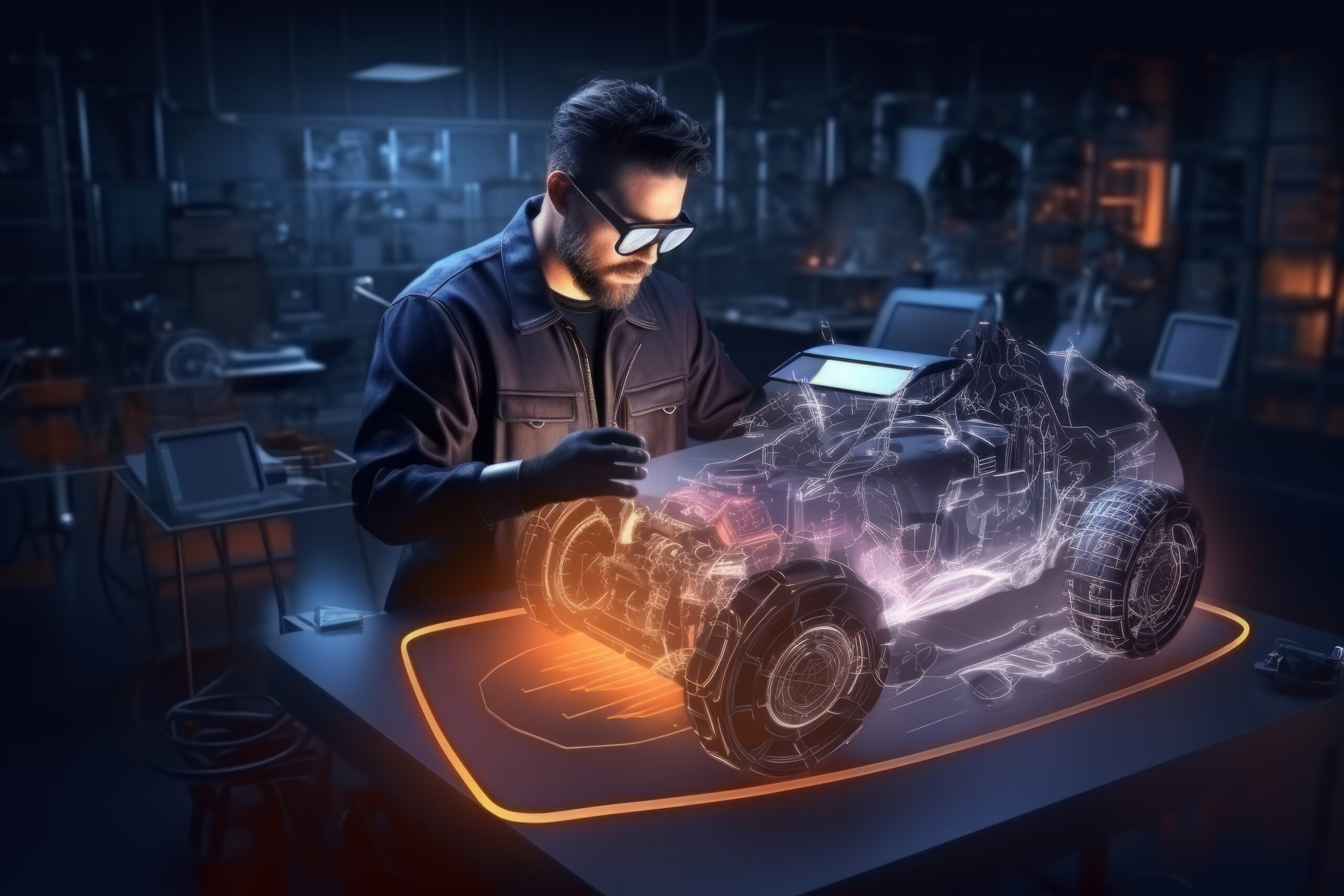 Engineer viewing holographic car model
