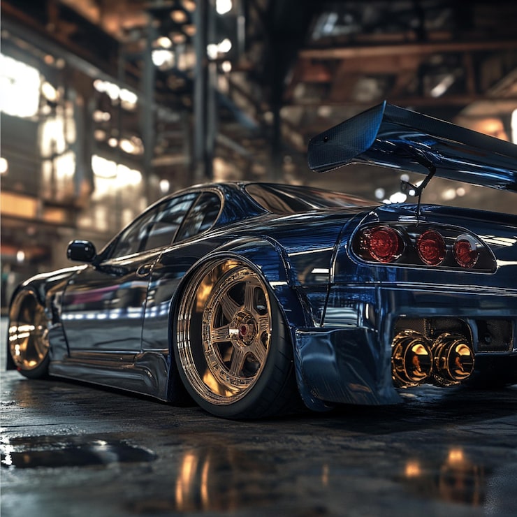 Modified sports car rear angle view