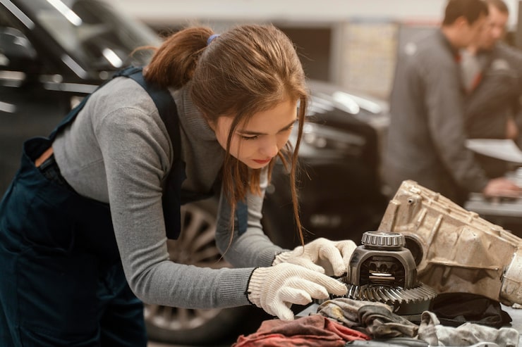 Female mechanic assembling car transmission parts